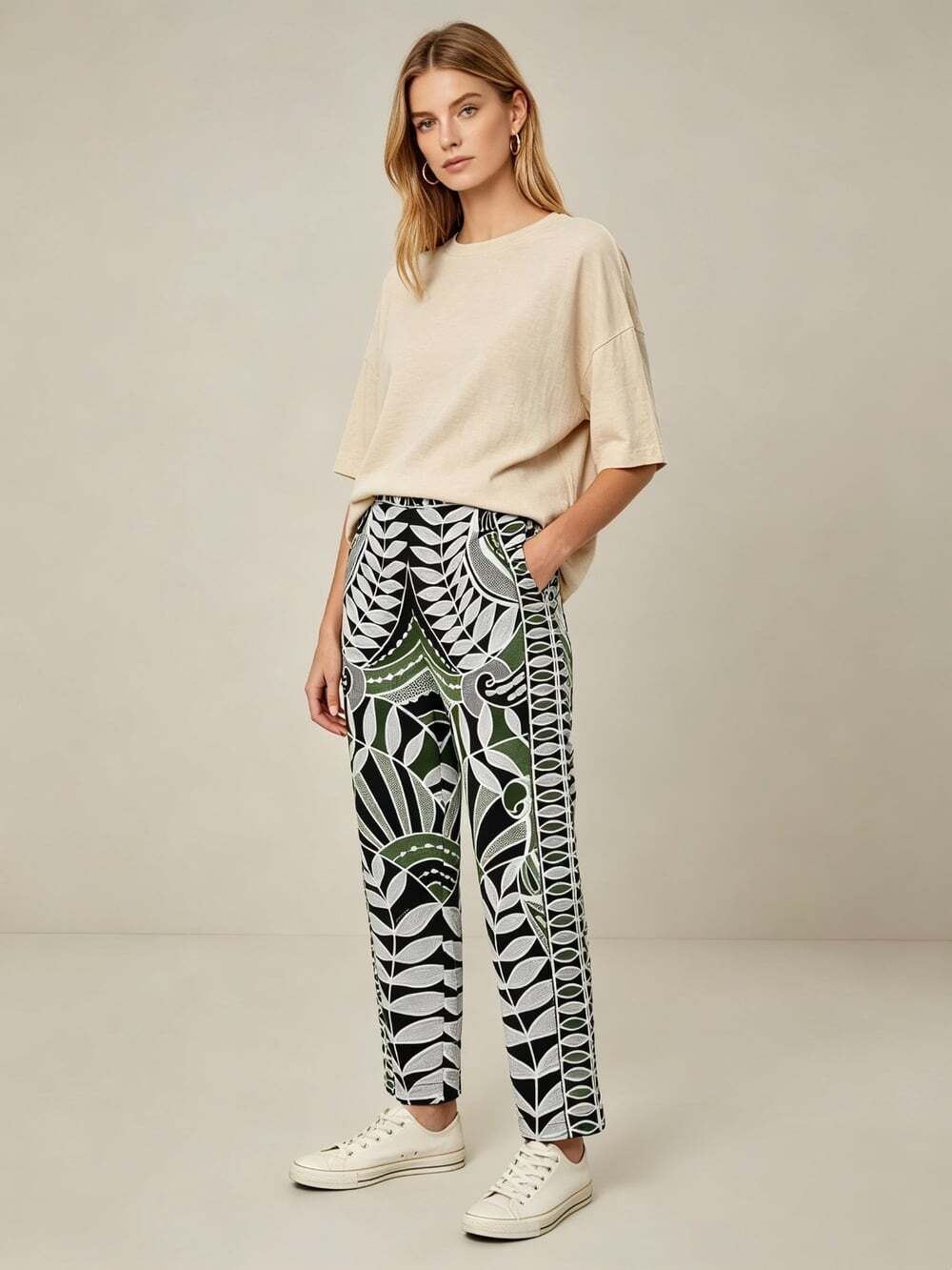NWOT FARM Rio Lace Nature Leaf Straight Leg Pants Elastic Waist Unisex Sz L /W34
